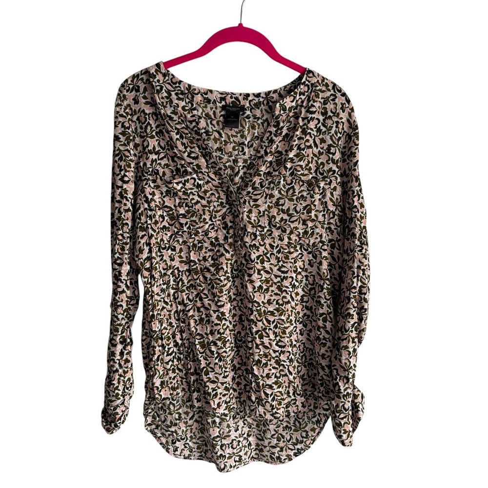 ANN TAYLOR‎ Factory Pink and Green Floral Ladies Long Sleeve Career Blouse, M